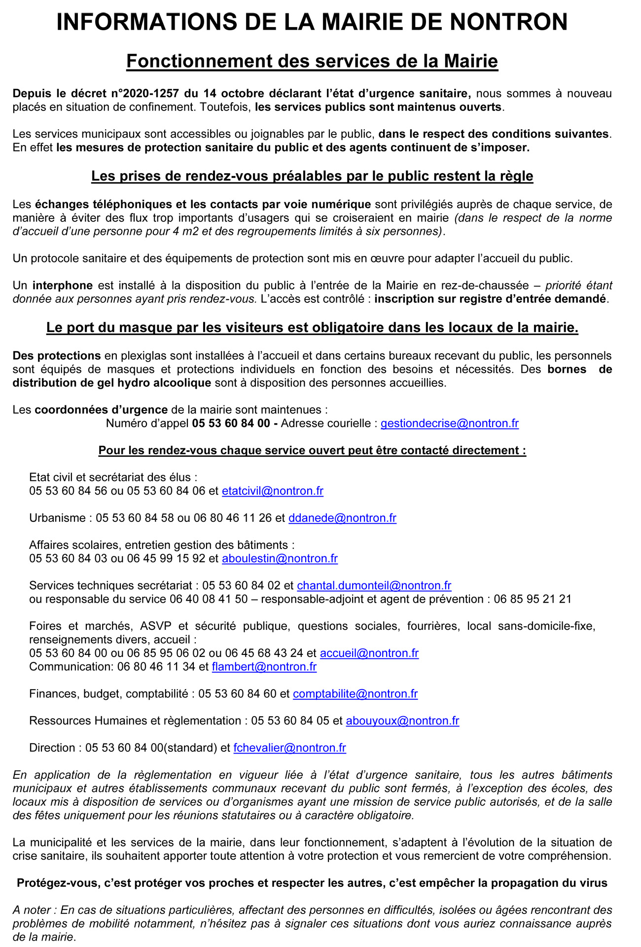 AVIS organisation des services de la Mairie novembre 2020