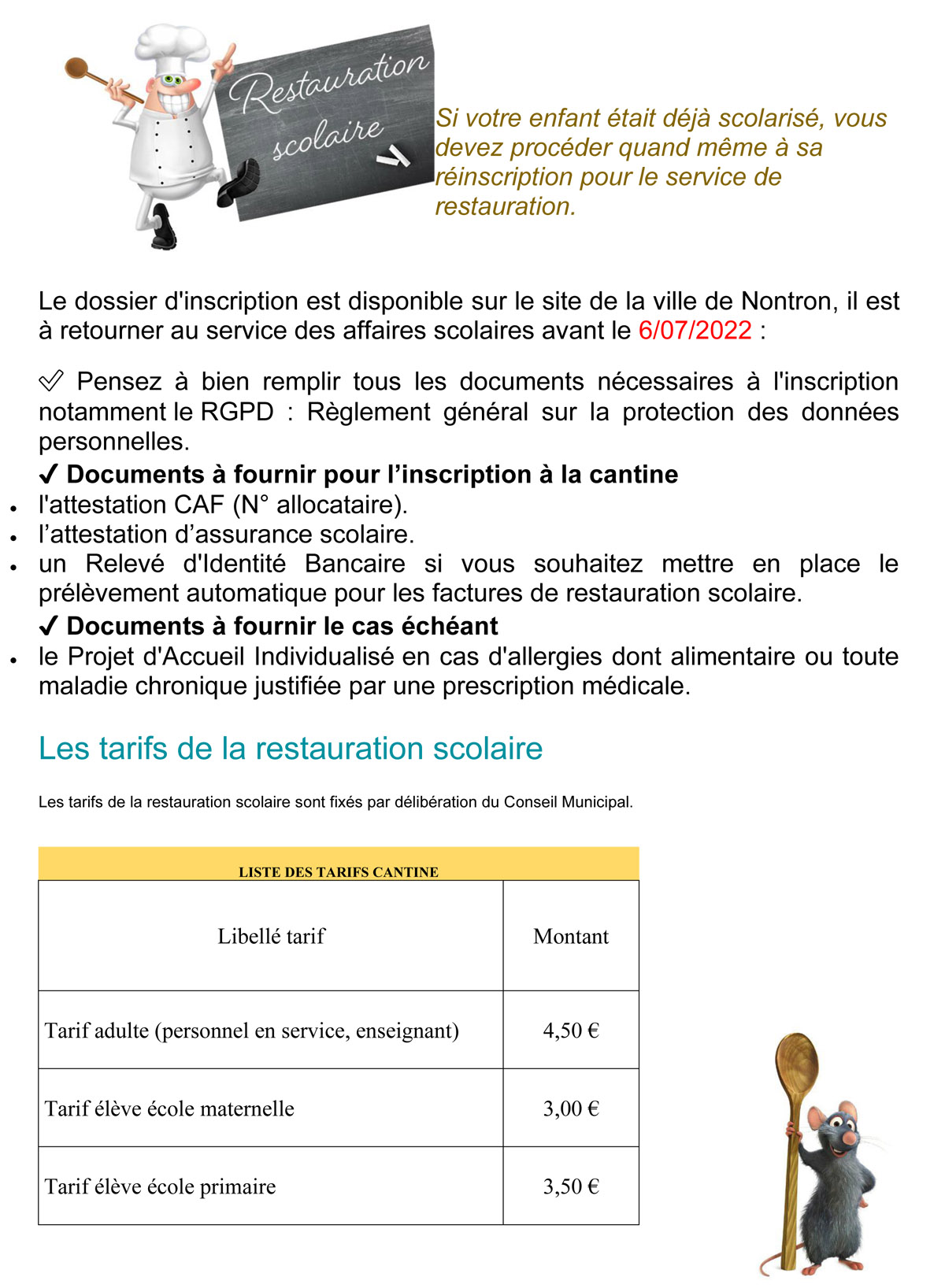 Infos inscriptions rentrée 2022 2