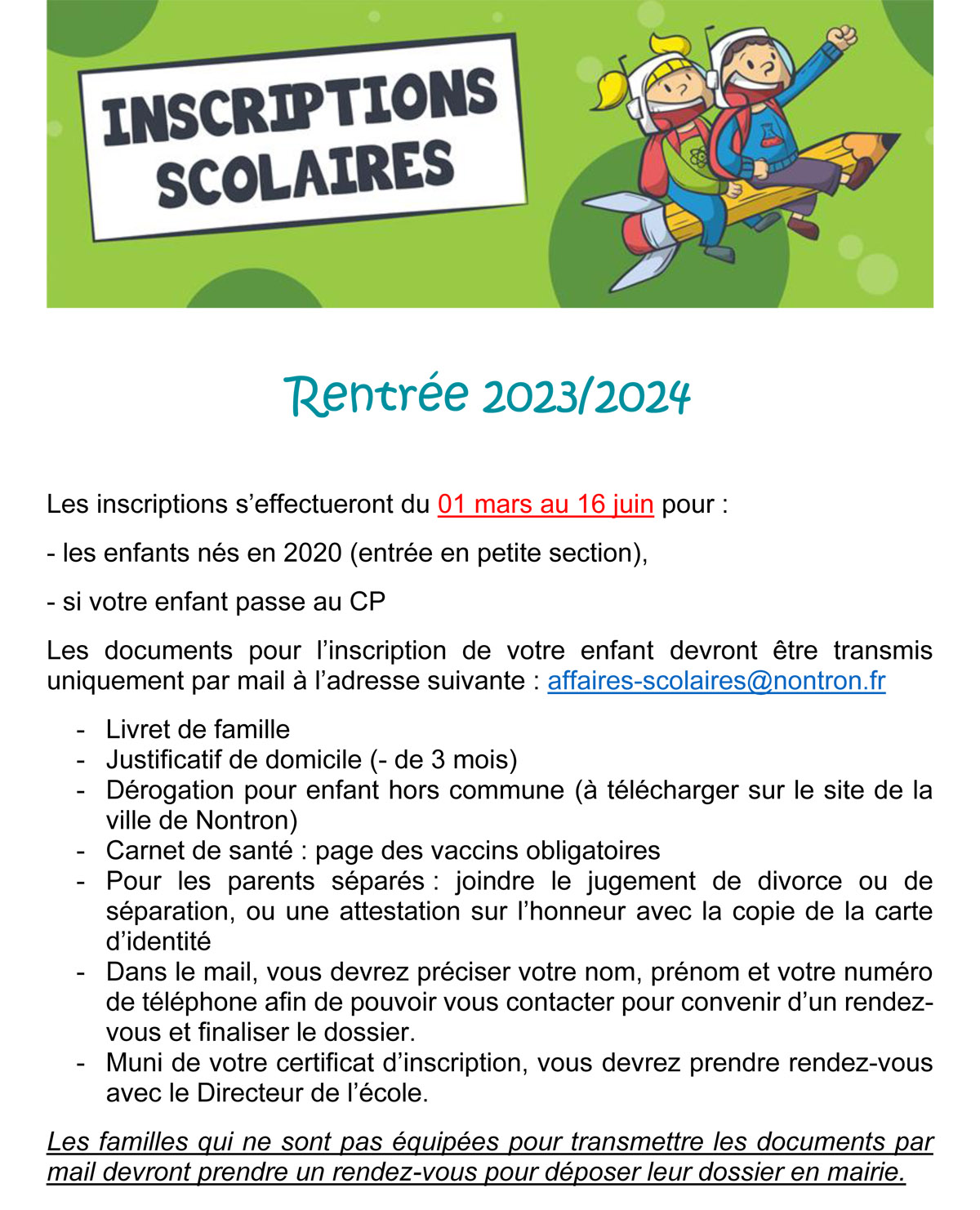 Infos inscriptions rentrée 2023